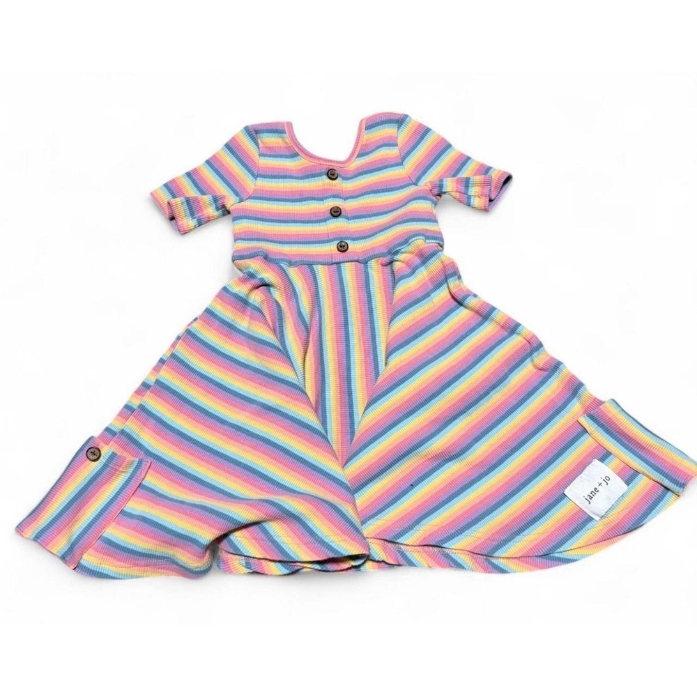 Jane + Jo Girls 3T Rainbow Stripe Twirl Dress Ribbed Button Pastel Colorful